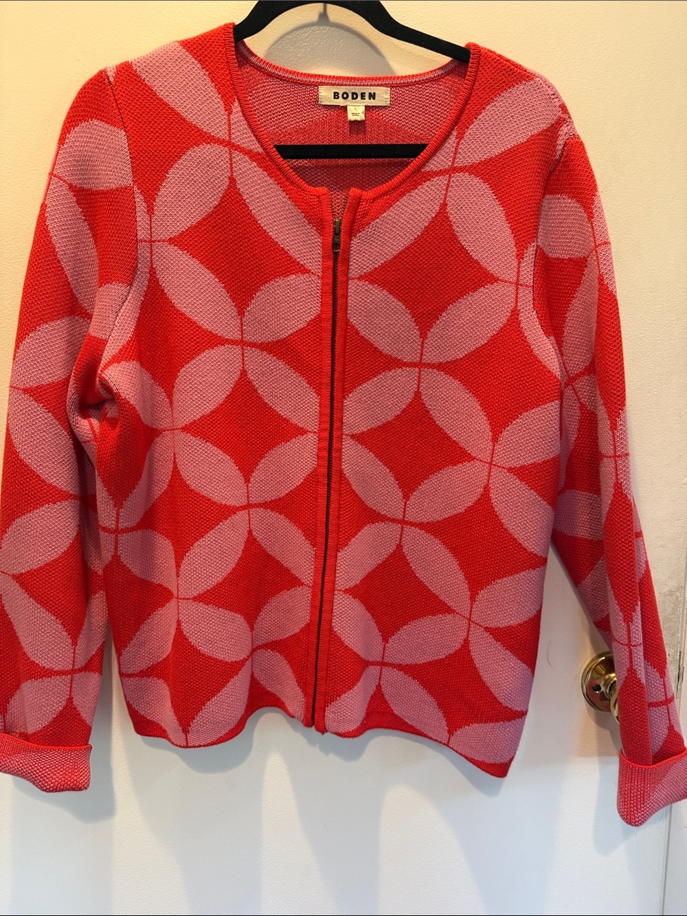 Boden Red and Pink Zip-Front Geometric Knit Cardigan